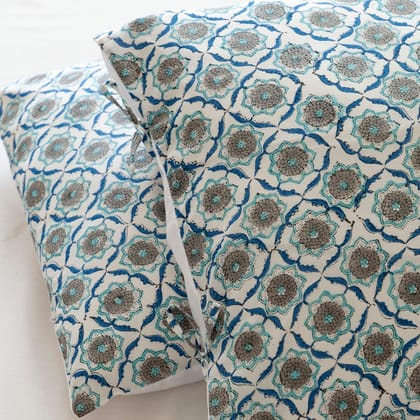 Block Print Pillow Case Set of 2 - 18x27-White Turquoise & Indigo / 18 x 27 Inches / 100% Cotton