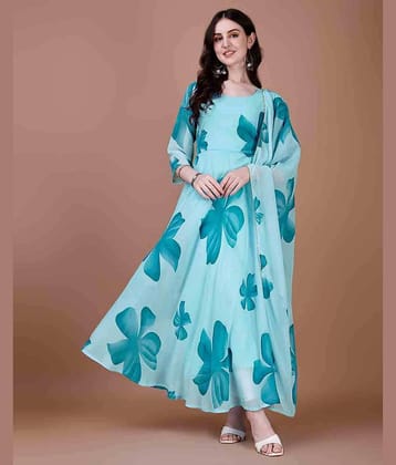 Femvy Pack of 1 Cotton Blend Printed Anarkali Women's Kurti with Dupatta - ( Blue )