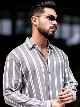 Terry Vertical Stripes Grey Full Sleeve Shirt-S