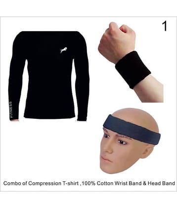 Just Rider Unisex 100% Polyester Compression T-Shirt Top Full Sleeve Plain Athletic & 100% COTTON Wrist band & Head band Fit Multi Sports Cycling, Cricket, Football, Badminton, Gym, Fitness