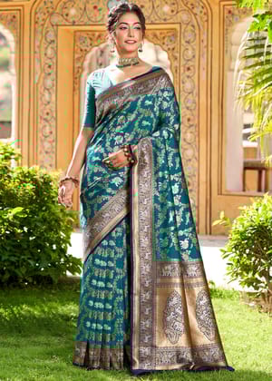 Sherbagh: Banarasi Shikargah Katan Silk Saree with Zari Floral Jaal in Shades of Blue