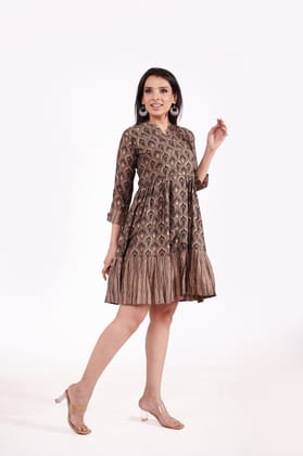 Mul Foil Printed Tunic Dress-Brown / XXL