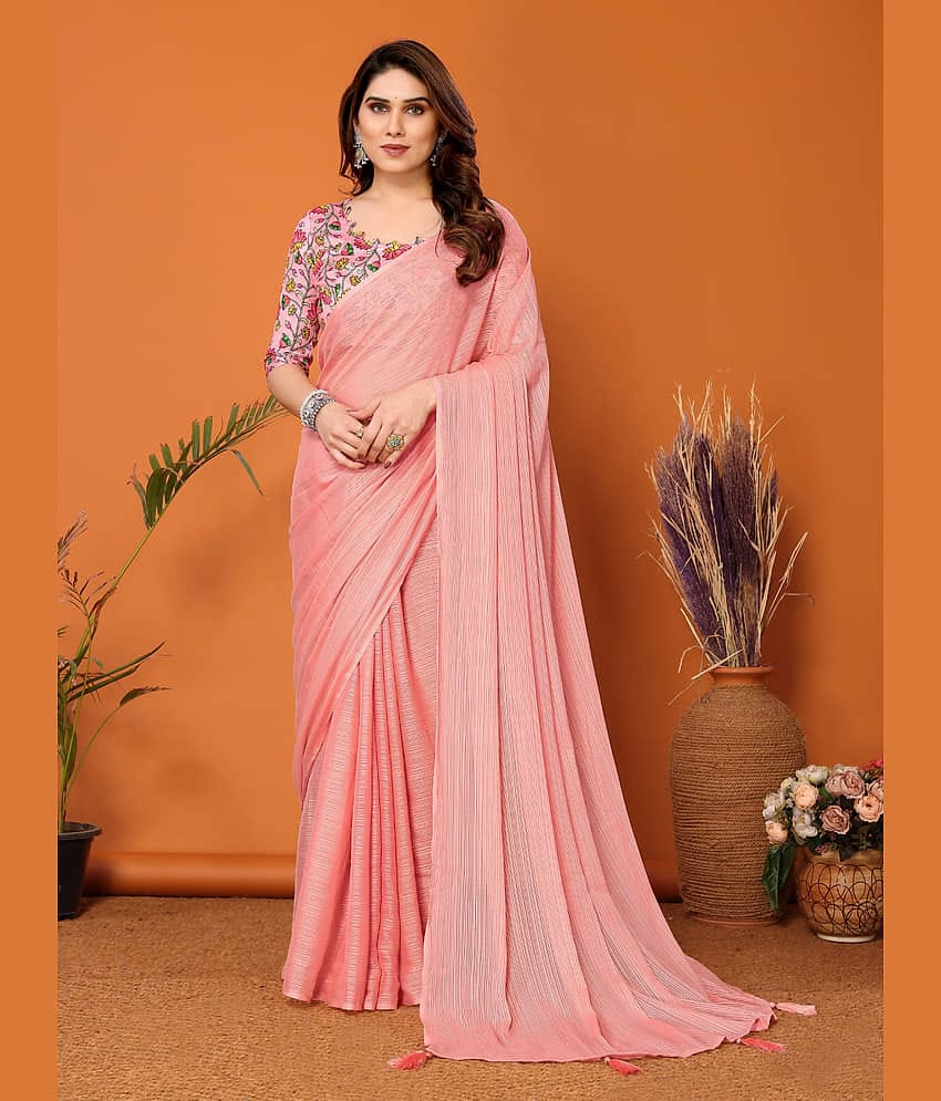 BLEESBURY Chiffon Solid Saree With Unstitched Blouse Piece ( Rose Gold )