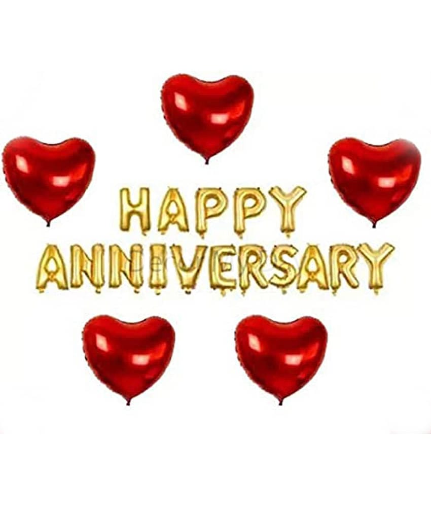 Pixelfox Happy Anniversary (16 Gold Foil Letters)  + 5 Red Heart Foil