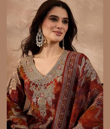 Vaamsi Women Polyester Solid Straight Kurti With Pants ( Brown )