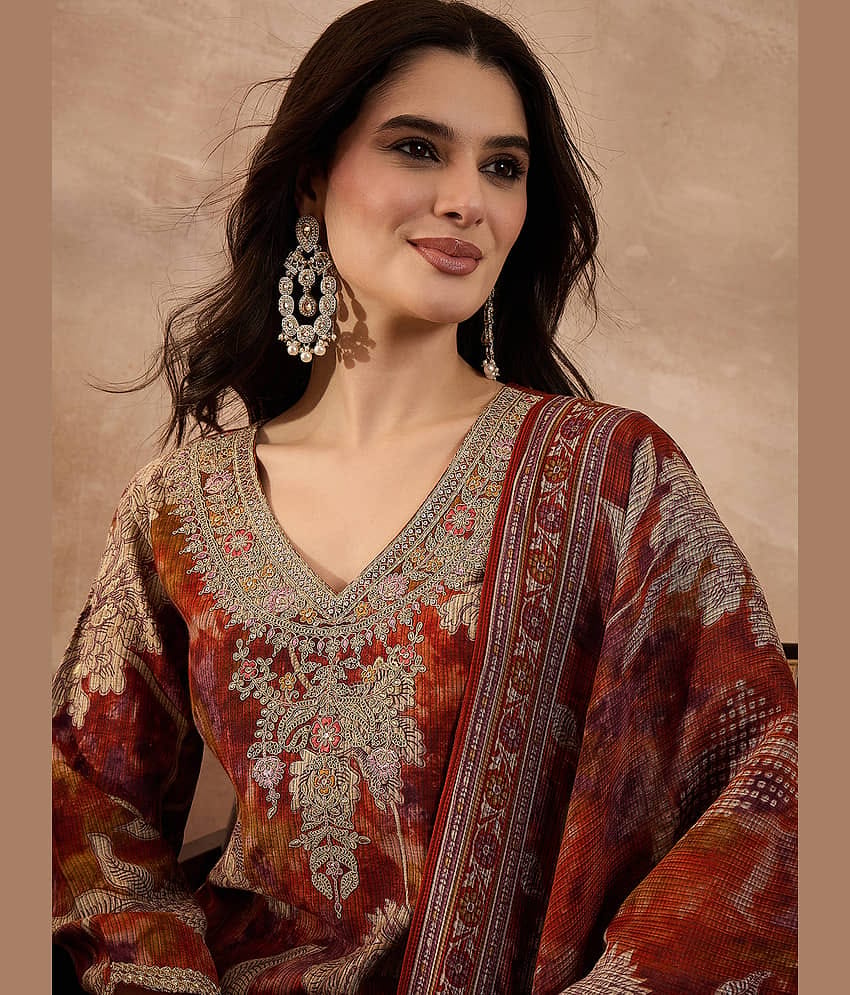 Vaamsi Women Polyester Solid Straight Kurti With Pants ( Brown )