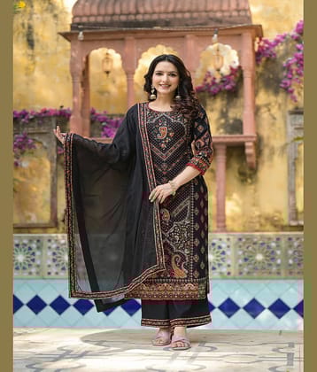 Juniper Women Viscose Embroidered Straight Kurti With Palazzo ( Black )