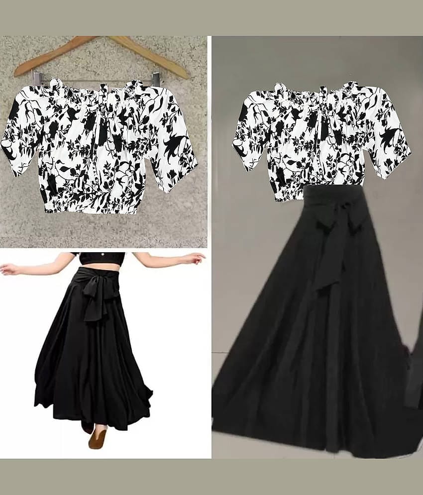 KAHARA Women Printed Top With Skirt Co-Ord Set ( Black )