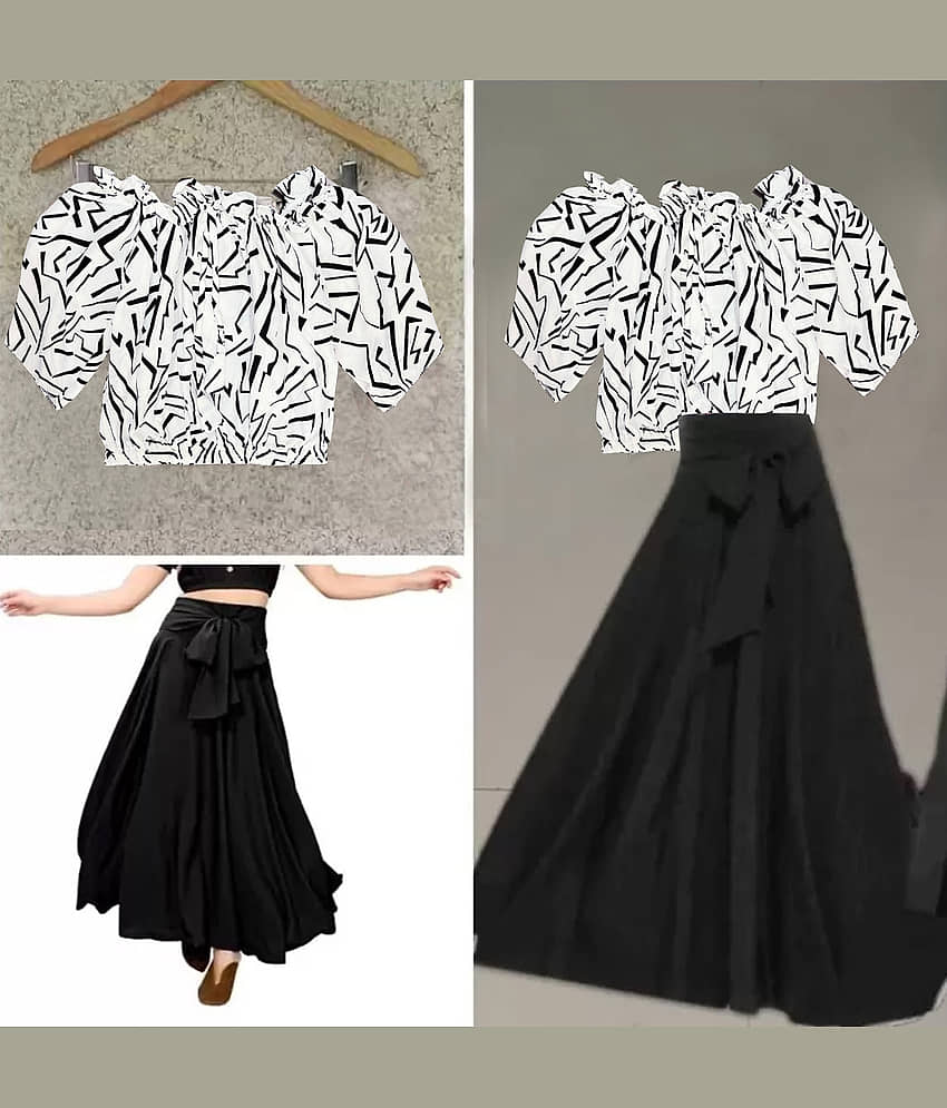 KAHARA Women Printed Top With Skirt Co-Ord Set ( Black )
