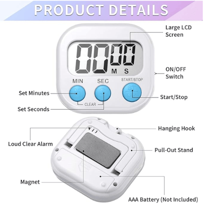 Blue Tick Kitchen Timer and Countdown | Loud Ringer | 99 Miniute Setting | Magnetic or Stand | White | 6 Month Warranty