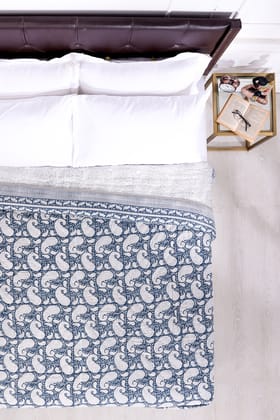 Sunderban Paisely Hand Block Printed Grey Cotton Muslin Quilt-Double - 90 x 108 in / Grey / Grey