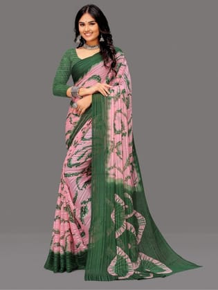 Generic Women's Georgette Printed Saree with Unstitched Blouse Piece, Soft Lightweight 5.5 m Sari for Daily, Office and Wear (Pink-Green, Design 67573)