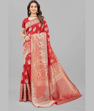 Gazal Fashions Banarasi Silk Embellished Saree With Unstitched Blouse Piece ( Red )