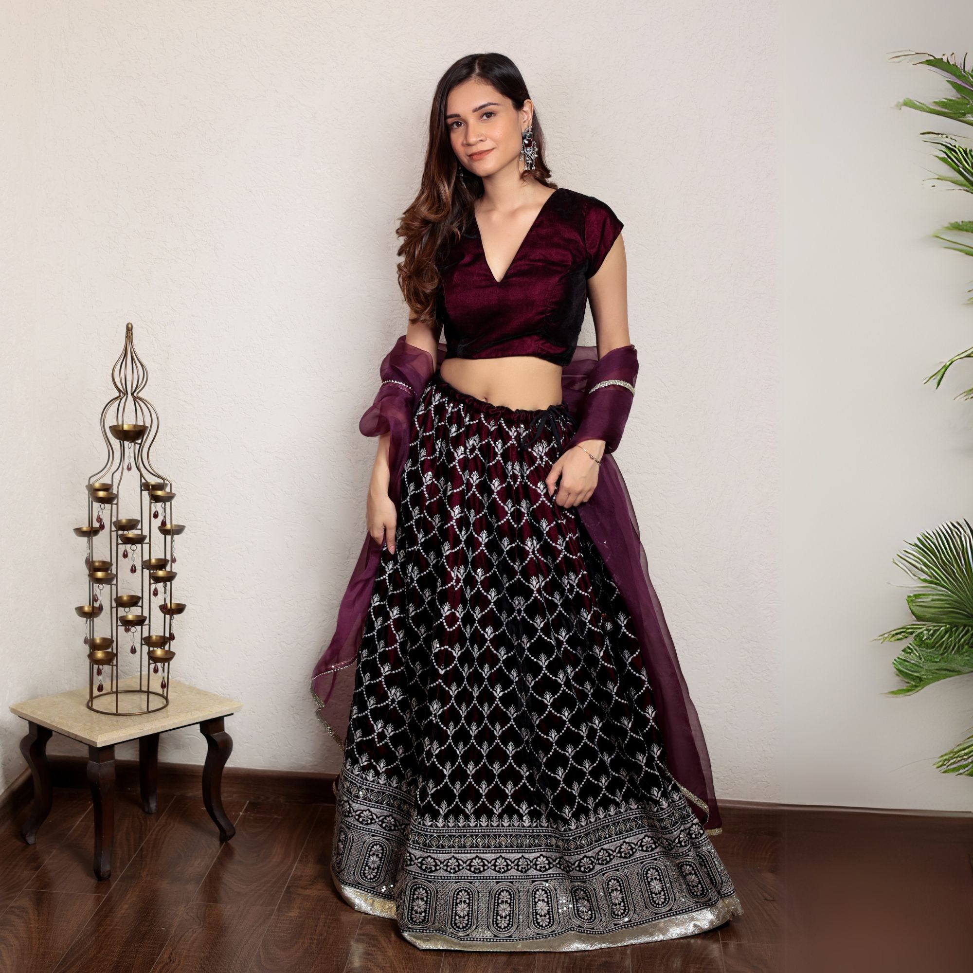 Wine embroidered lehenga set with organza dupatta-XS