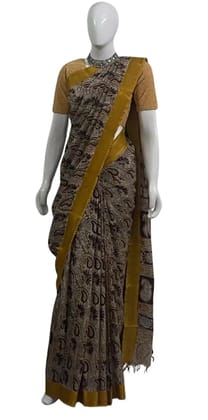 Kalamkari Mangalgiri Silk Cotton Saree Beige Paisley