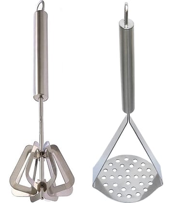 JISUN - Silver Stainless Steel Mathani / Hand Blender & Potato Masher ( Set of 2 )