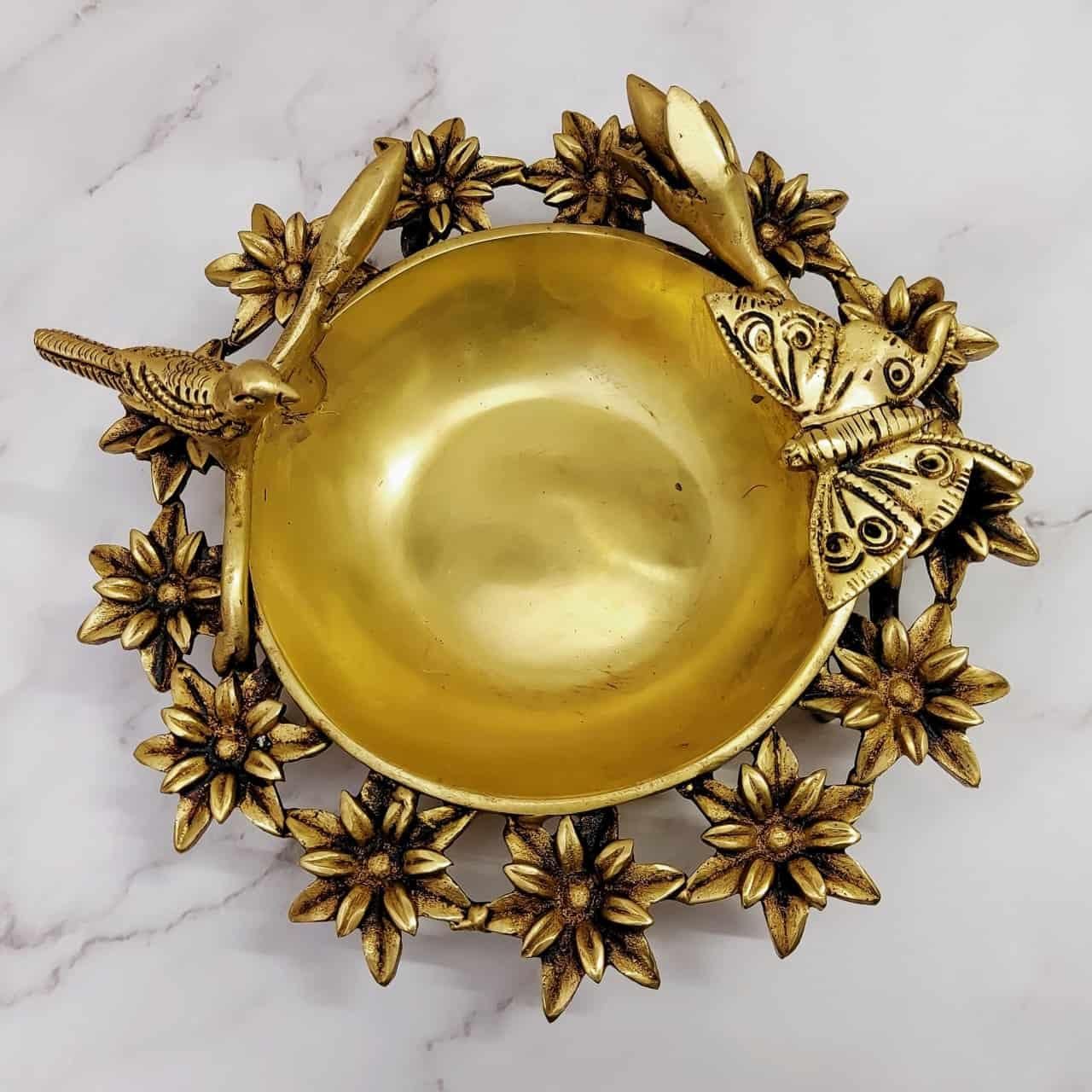 Brass Flower Urli Bowl with Bird and Butterfly - 3 inch Height | Natural Beauty