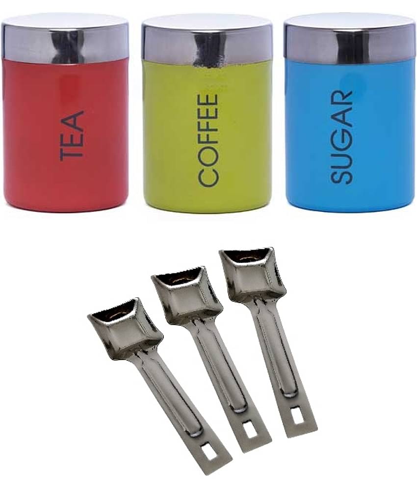 Dynore TCS with spoons Steel Multicolor Tea/Coffee/Sugar Container ( Set of 6 )