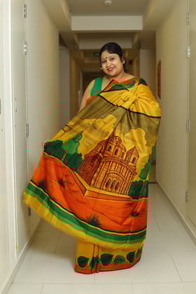 Kalakanti-Pure Mulberry Silk/Bishnupuri Silk / Handpainted Pure Silk / Mustard
