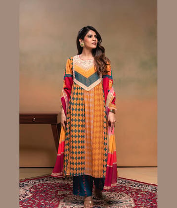 Juniper Women Polyester Embellished A-line Kurti With Pants ( Mustard )