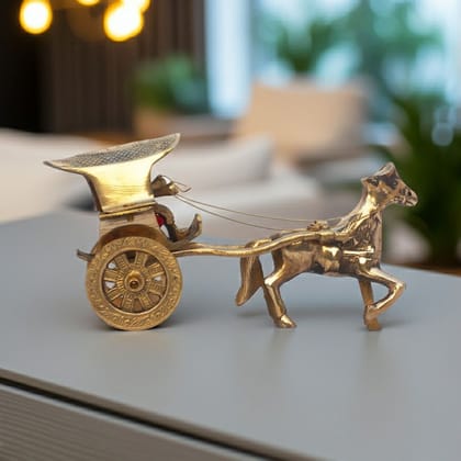 Antique Finish Brass Horse Cart Showpiece For Living Room Decor, Height : 3.5 Inch (ZMAS367 E)