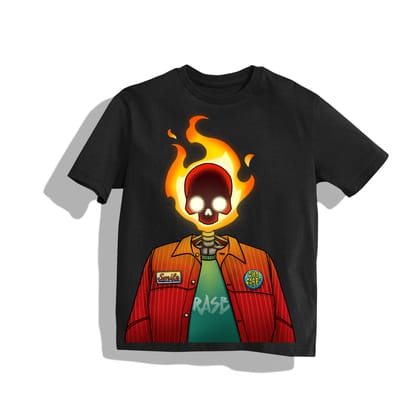 RASB Soul Burner T-Shirt:- Round Neck Drop Shoulder Graphic Printed Oversized Cotton T-shirt-Black / S