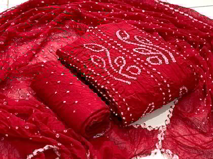 Cotton Satin Self Colour Kutchi Bandhani Material-Red