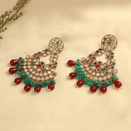 Gold-Plated Green Beads and Mirror Kundan Chandbali Earrings