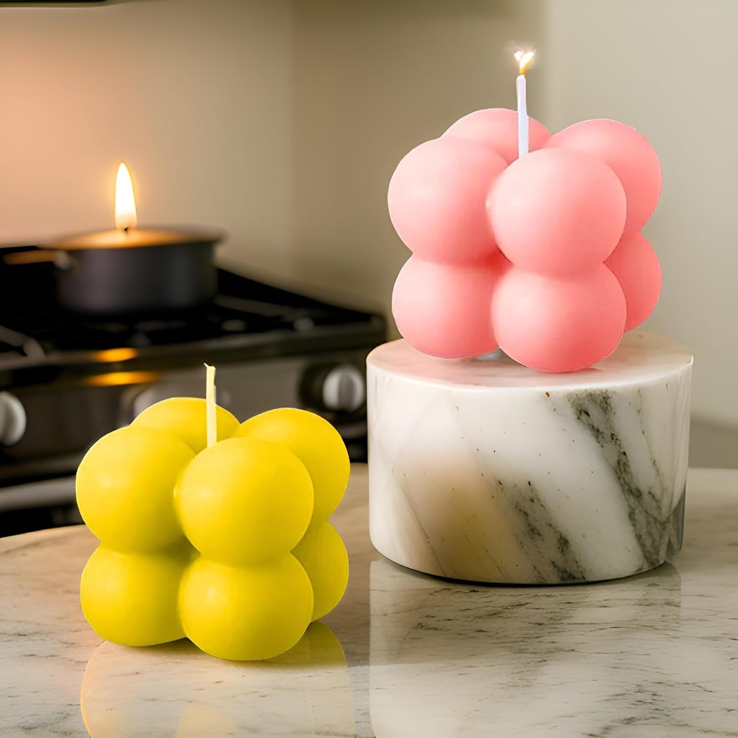 SS Enterprise Organic Soy Wax Bubble Candles, Scented Aromatic Fragrance, Smoke-Free Pillar Candles, Set of 2, Yellow-Pink, Home Decor