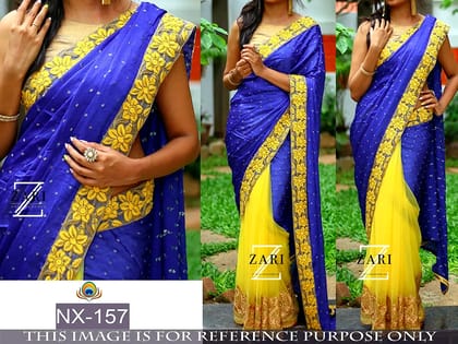 Blue Embroidered Net Saree with Blouse (Color - Blue) by SHIV TEXTILES