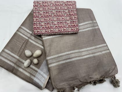 Casual cotton linen saree with printed cotton blouse