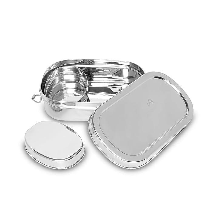 Stainless Steel Lunch Box with Transparent Lid & Locking Clips | Rectangular Steel Tiffin Box