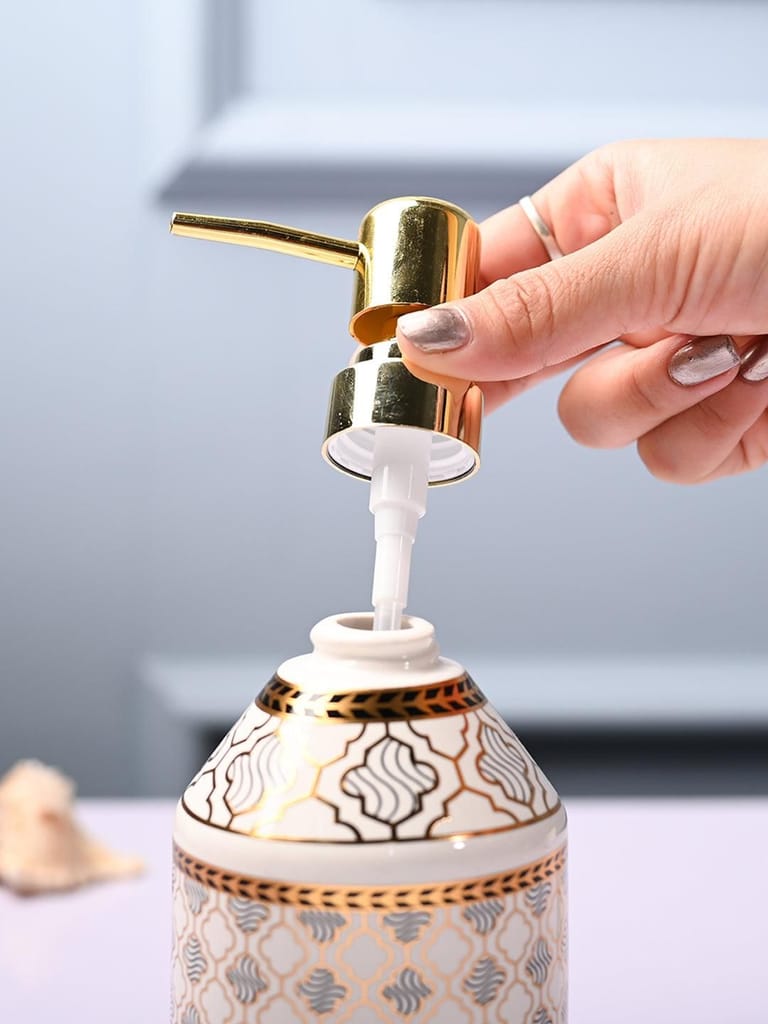 Ceramic Off White Cylindrical Soap Dispenser - Geometrical Glossy