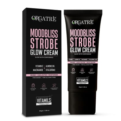 Orgatre Strobe Glow Cream for Instant Face Radiance | Primer Highlighter Moisturizer with Vitamin C, Almond Oil, Niacinamide & Hyaluronic Acid | Makeup Base for Oily Acne-Prone Skin | Pink Shade | 30g Orgatre Strobe Glow Cream for Instant Face Radiance |