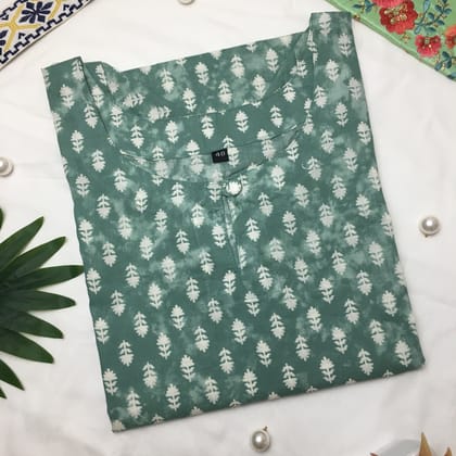 Green White Leaf - Knee Length Kurti - Pure Cotton - with White Pant-40 - L