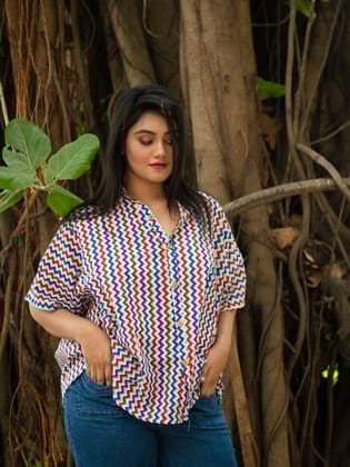Ajrakh Zigzag printed cotton shirt-M