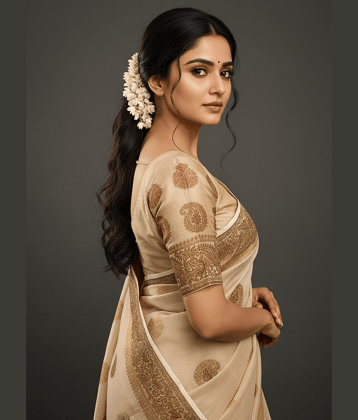 IndShopMart Cotton Silk Woven Regular Saree With Unstitched Blouse Piece ( Beige,Red )