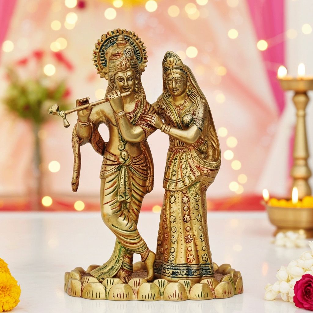 Brass Radha Krishna Idol On Kamal Base - Divine Brass Statue, Height : 11 Inch (BSMAS687 A)