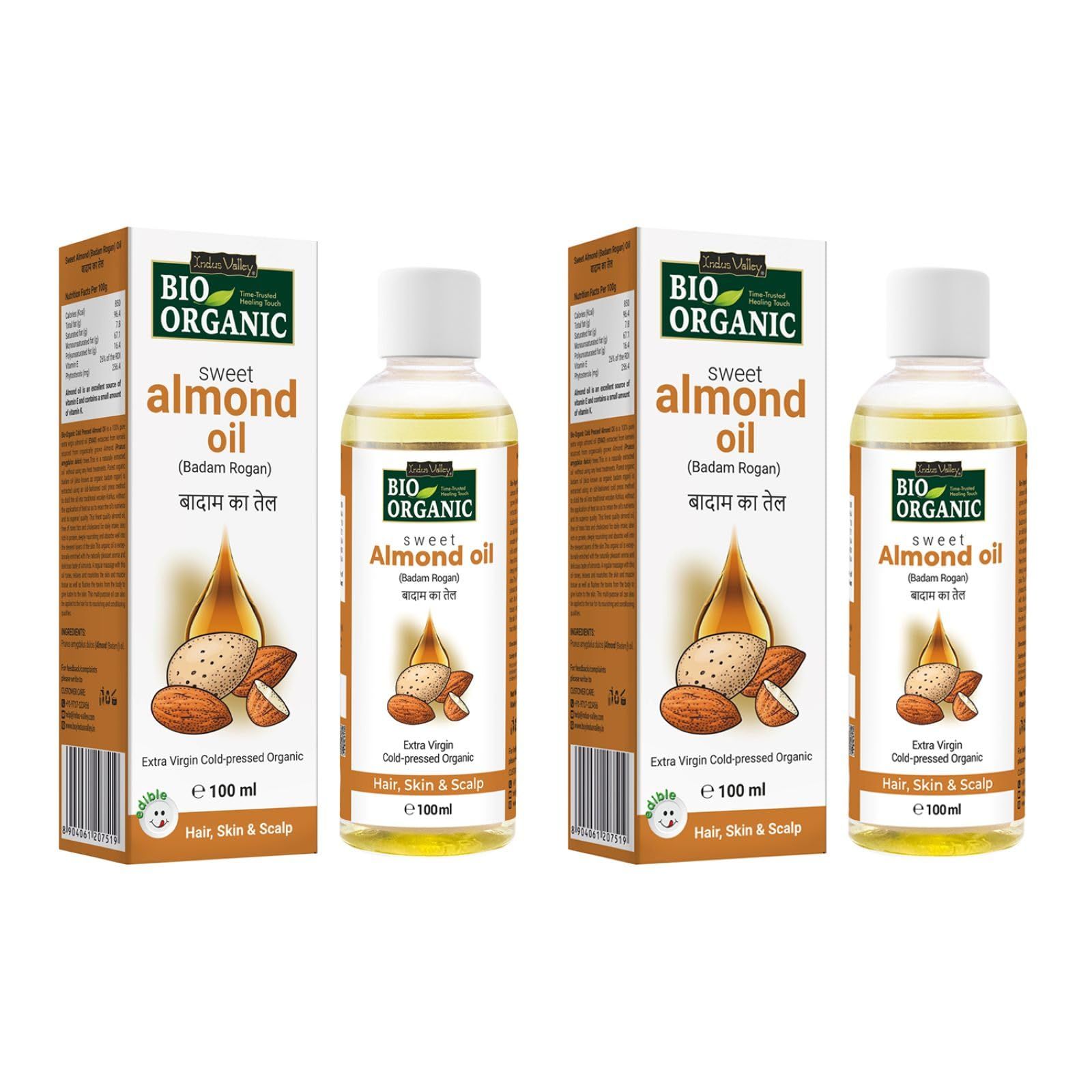 INDUS VALLEY Roghan Badam Sweet Almond Oil for Hair & Skin No Mineral Oil & Sulphate - Set of 2 (100ml*2=200ml) INDUS VALLEY Roghan Badam Sweet Almond Oil for Hair & Skin No Mineral Oil & Sulphate - Set of 2 (100ml*2=200ml) - 100 ml (Pack of 2)