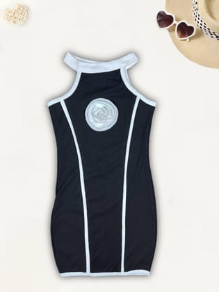 Girls Black Bodycon Flower One-piece [GD-8070] (2-11 Years)-3-4Y (Size - 22) / Ribbed
