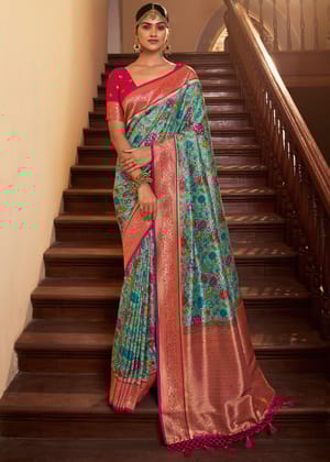 Red And Green Woven Banarasi Silk Saree With Digital Print