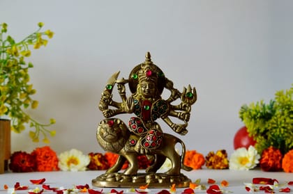 Goddess Durga brass idol sitting on lion (Color - Golden, Size - 6.5H *5L*2.5B) by Snova Enterprises