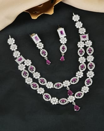 Silver Plated American Daimond 2 Line Necklace Set
