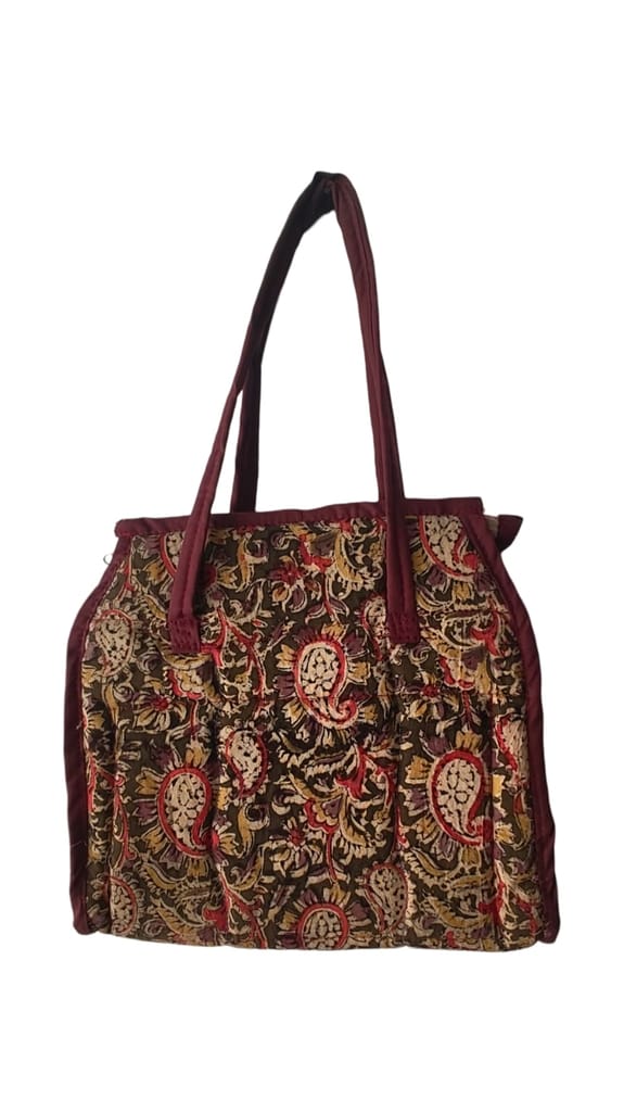 KALANKARI Handcrafted Quilted Cotton Tote Bag with Paisley Print and Maroon Trim