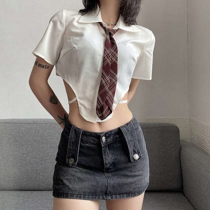 Short-Sleeve Plain Crop Shirt-S