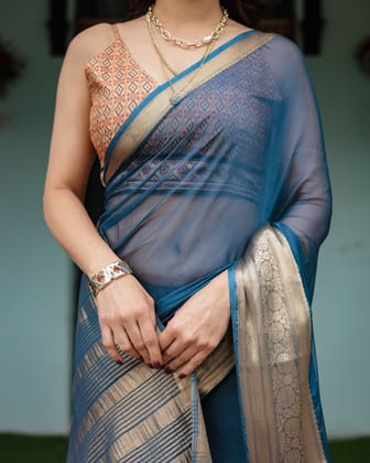 Teal Blue Plain Chiffon Saree with Gold Zari Border, Geometric Printed Blouse & Tassel Detailing-Regular