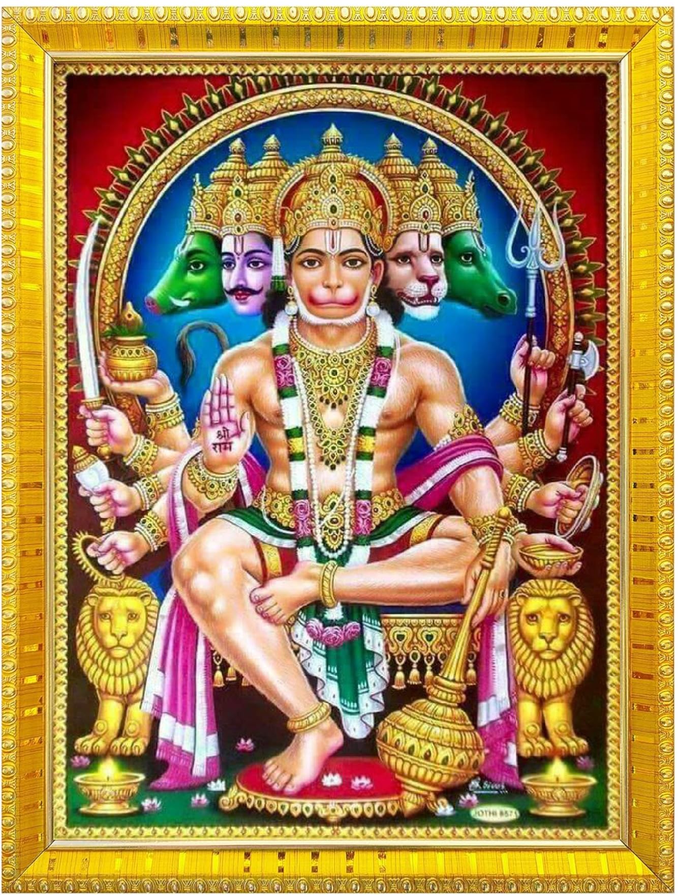 NOKKES 5 Mukhi Hanuman Ji Panchmukh hanuman ji Golden 5X7 Inch Photo Frame_AQW5