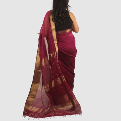 Elegant Wine Maroon Maheshwari Handloom Silk Cotton Saree with Gold Zari Border