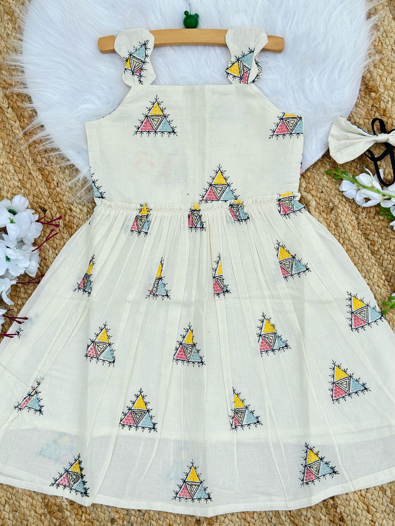 Venetian Embroidery Work on Khadi Cotton Fabric Kids Frock-White / 0-3 Month