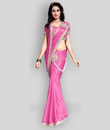 Bhuwal Fashion Lycra Solid Saree With Unstitched Blouse Piece ( White,Pink )